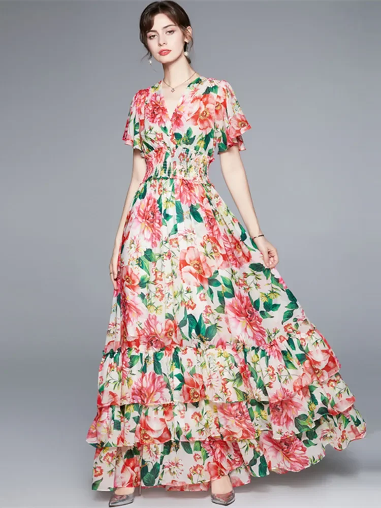 

Summer Runway Floral Maxi Vestidos Women Bohemia Flower Print V-Neck Butterfly Sleeve Elastic Waist Cascading Ruffles Long Dress