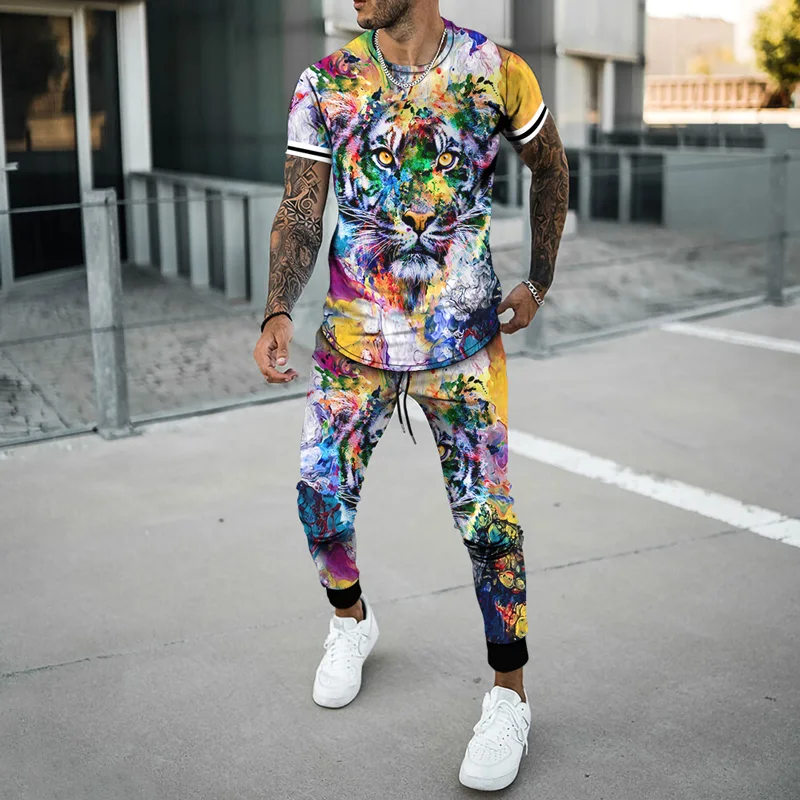 

Summer Colour 3D Animal Pattern Printed Men'S T-Shirt + Trousers Fashion Short-Sleeved Pants Joogers Casual Male Suit Tracksuit