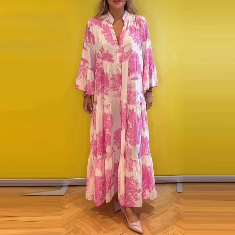 

Women Casual V-neck Button Long Dress Spring Flare Long Sleeve Loose Pleated Dress Summer Printed Bohemian Maxi Dresses Vestidos