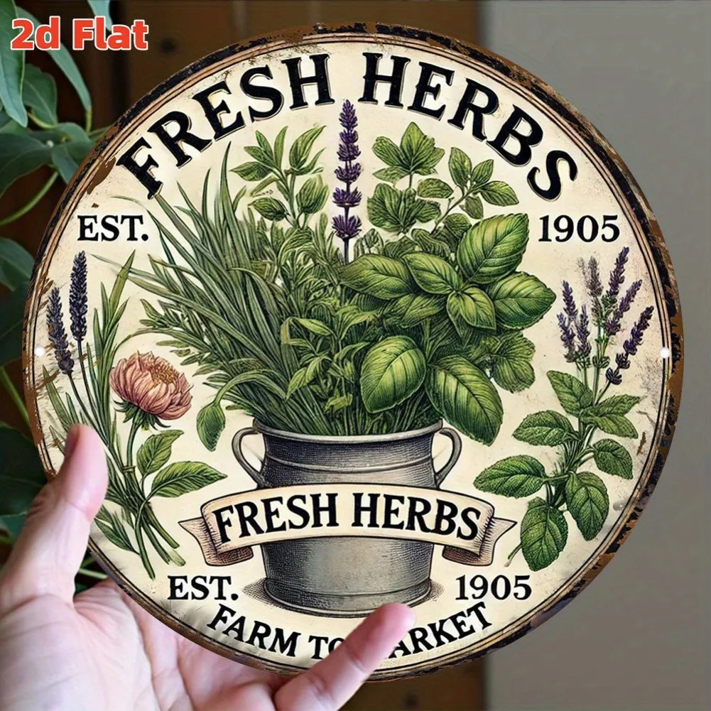 7.8" 2D Flat Vintage Rustic Round Aluminum Herb Garden Sign - Fresh Herbs Design, EST. 1905, Farmhouse Kitchen Decor 1