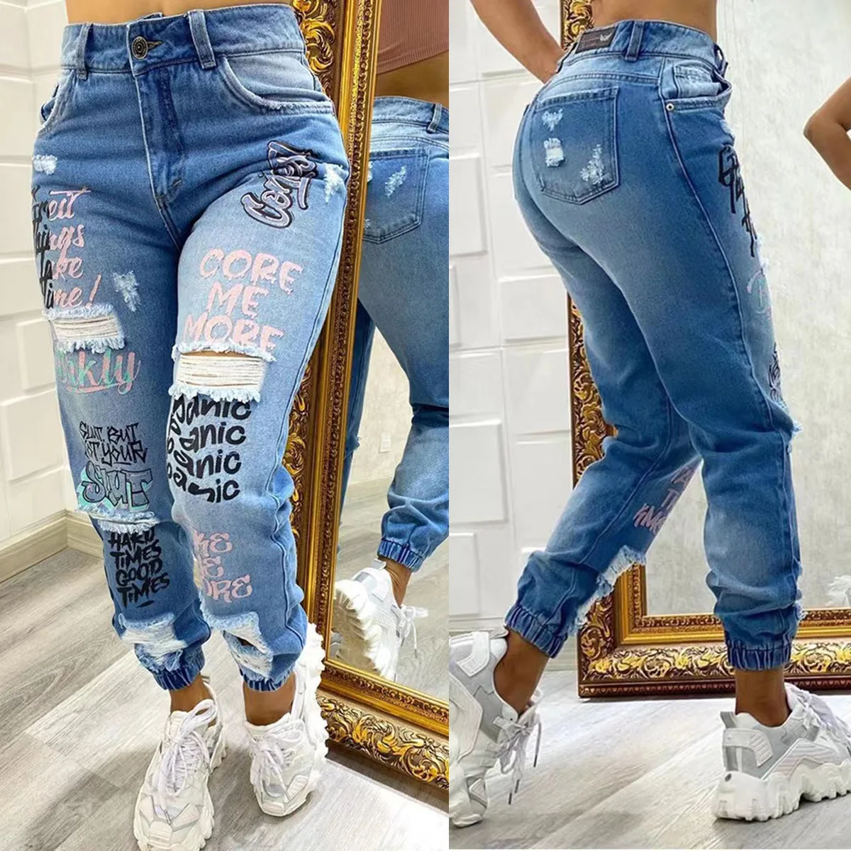 Graffiti Ripped Jeans for Women Fashion Letter Print High Waist Small Leg Pants Female Vintage Blue Denim Trousers Streetwear men s and women s jeans high street national tide hip hop music smiley hole hand painted graffiti print denim trousers