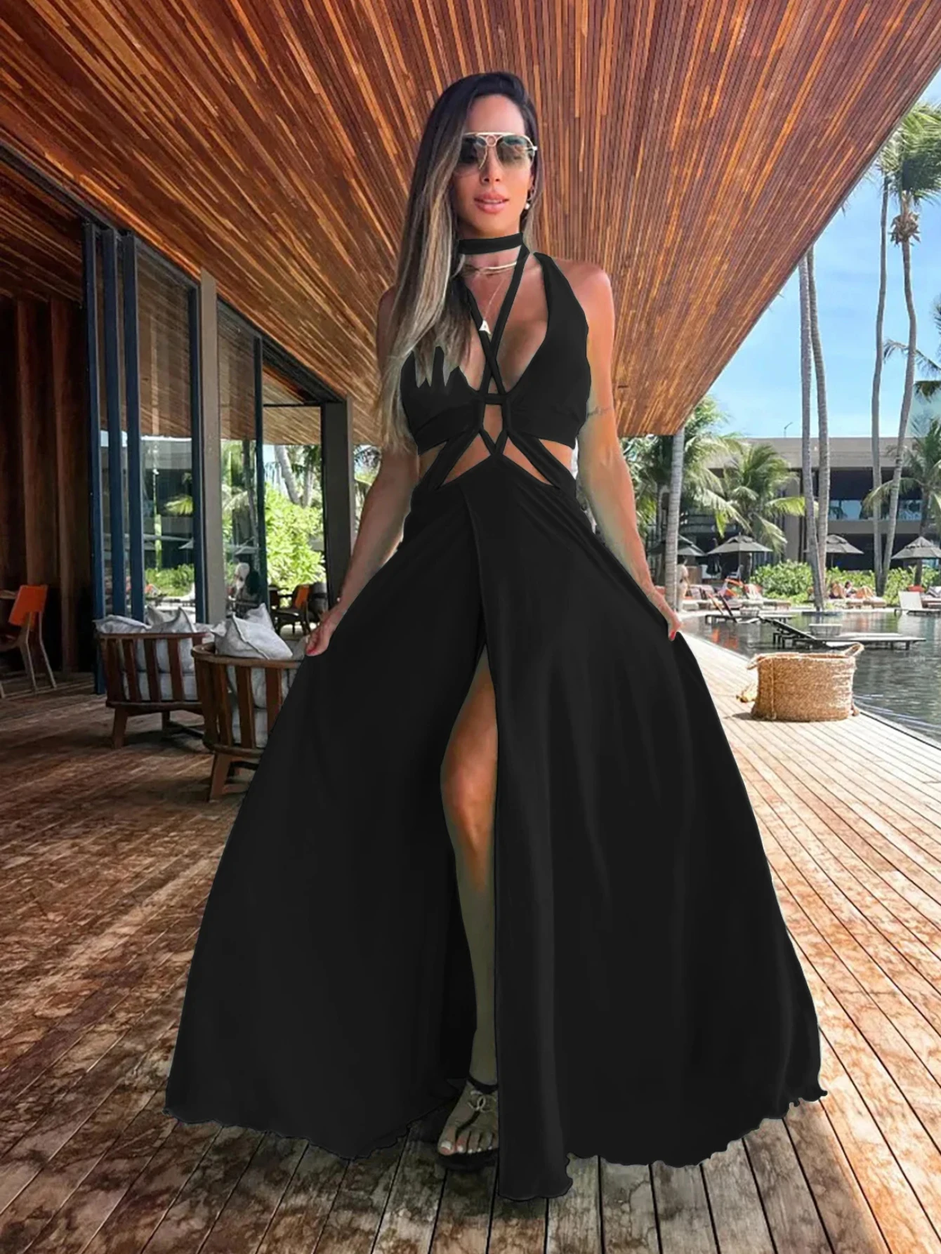 

Summer Dresses For Women 2023 Elegant And Pretty Women's Dresses Solid Slimming Leaky Waist V Neck Strappy Skirt Dress
