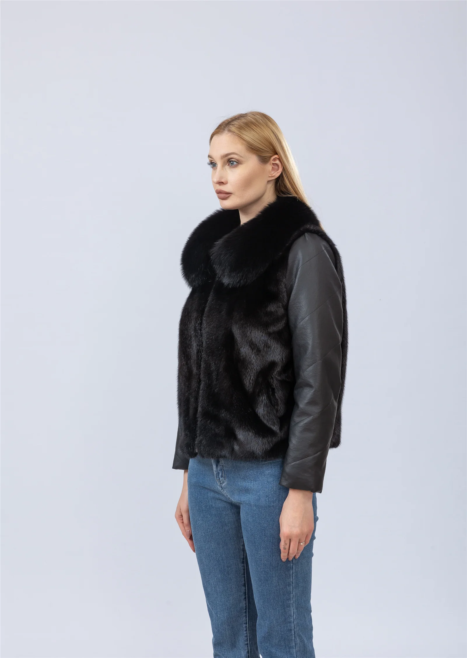 on sale Natural Mink Fur Full Pelt Jacket With Fox Fur Collar Sheep Leather Down Coat Thick Warm Fur Autumn Winter Casual 230609