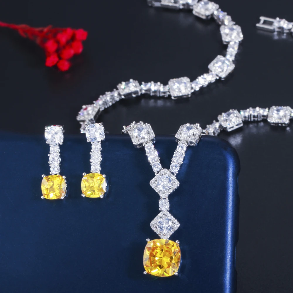 Elegant Yellow CZ Crystal Silver Color Big Square Drop Earrings Necklace Wedding Party Jewelry Sets bridal jewelry sets For Women TZ581