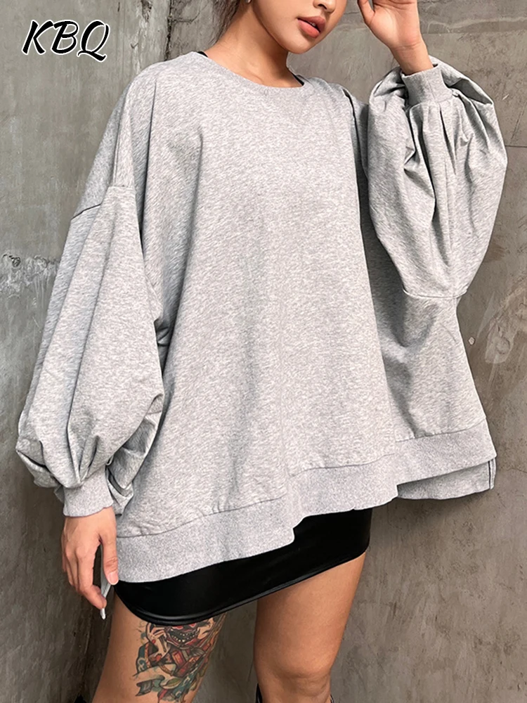 KBQ Solid Loose Minimalist Sweatshirts For Women Round Neck Batwing Sleeve Irregular Casual Sweatshirt Female Fashion Clothing