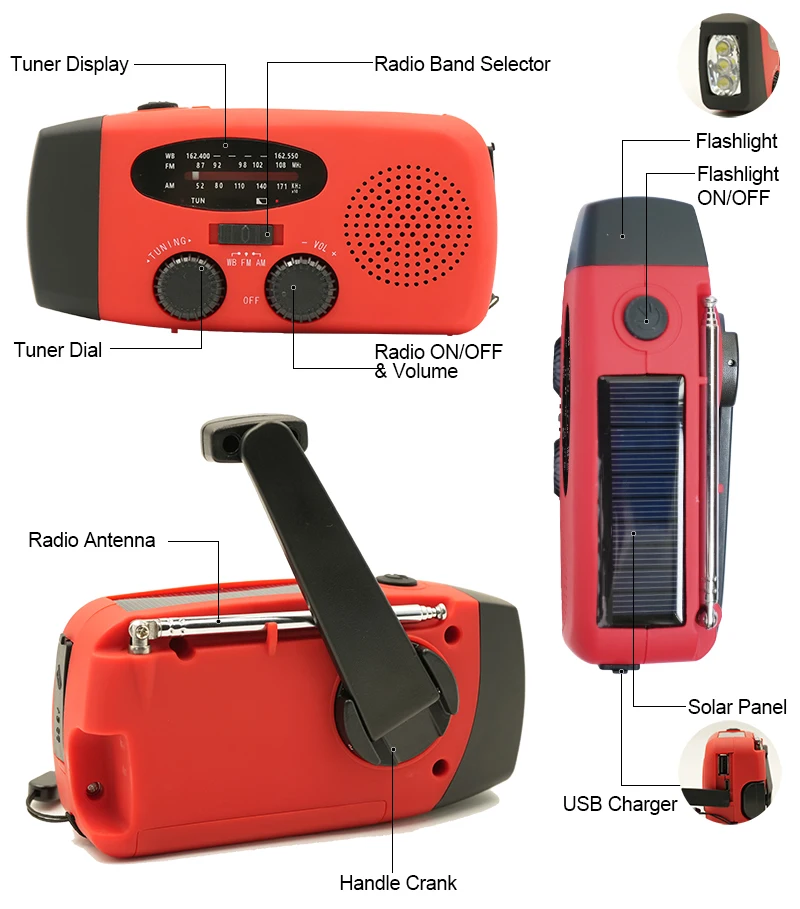 업그레이드 다기능 라디오 핸드 크랭크, 태양열 USB, FM, AM, NOAA, WB 날씨 라디오, 비상 손전등 보조배터리