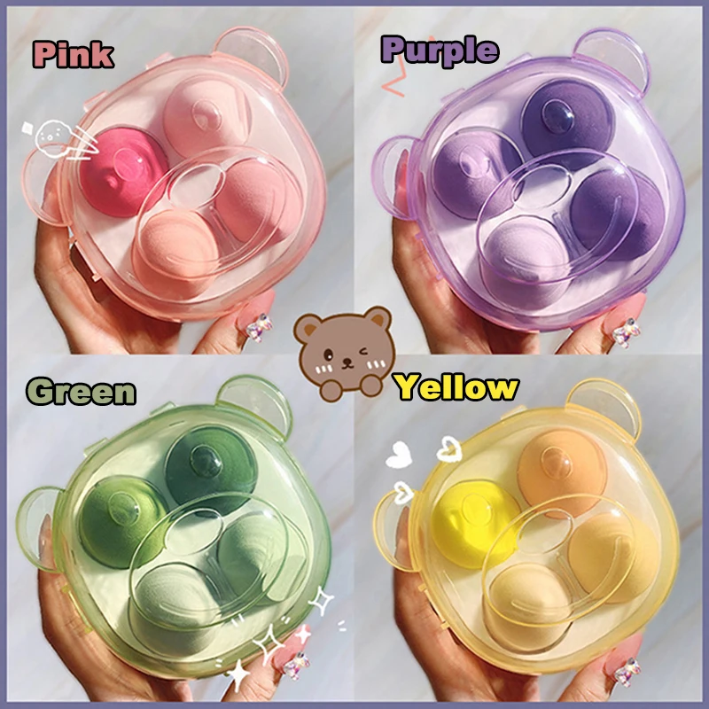 4Pcs Super Soft Beauty Eggs Reusable Mini Sponge Puff Portable Makeup Tools Gradient Cosmetic Egg With Cute Bear Storage Case - Image 4