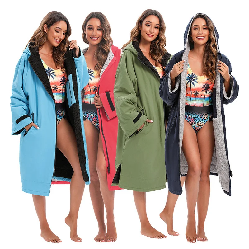 Unisex Surf Changing Robe Winter Outdoor Waterproof Microfiber Jacket Hooded Cloak Beach Surf Pool Lining Anorak Raincoat Coat