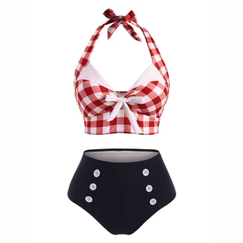 2025 Women's Tummy Control Tankini Set Swimwear Vintage Plaid Print Swimsuit Corset Style Mock Button Summer Beach Bathing Suit