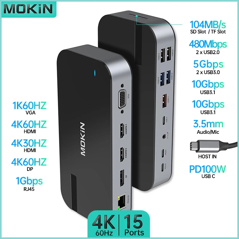 

MOKiN 15 in 1 Docking Station for MacBook Air/Pro, iPad, Thunderbolt Laptop - USB3.1, HDMI 4K30Hz, VGA 1K60Hz, PD 100W, Audio