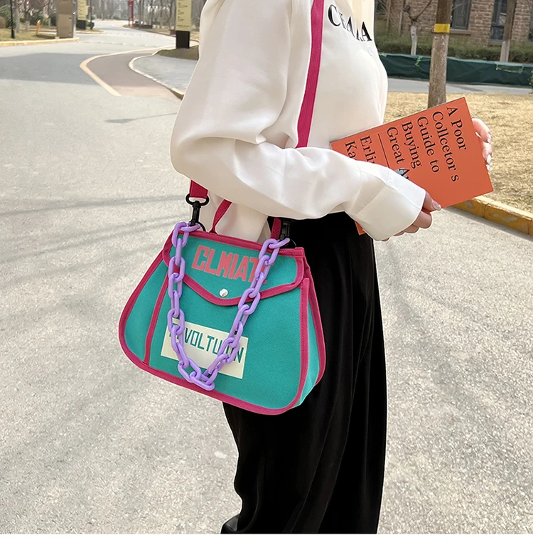 Canvas Women's Shoulder Bag Chain Casual Totes Contrast Color Ladies Crossbody Bag Trend Letter Print Fashion Designer Handbags