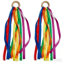 Vibrant Rainbow Ribbon Hand Kites with Wooden Ring (2PCS Rainbow)