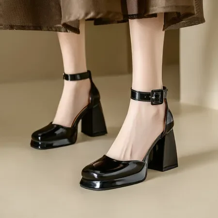 

Black Beige Patent Leather Heeled Pumps Women Mary Janes Shoes Square Toe High Heels Female Working Party Dance Shoe 2024 Spring