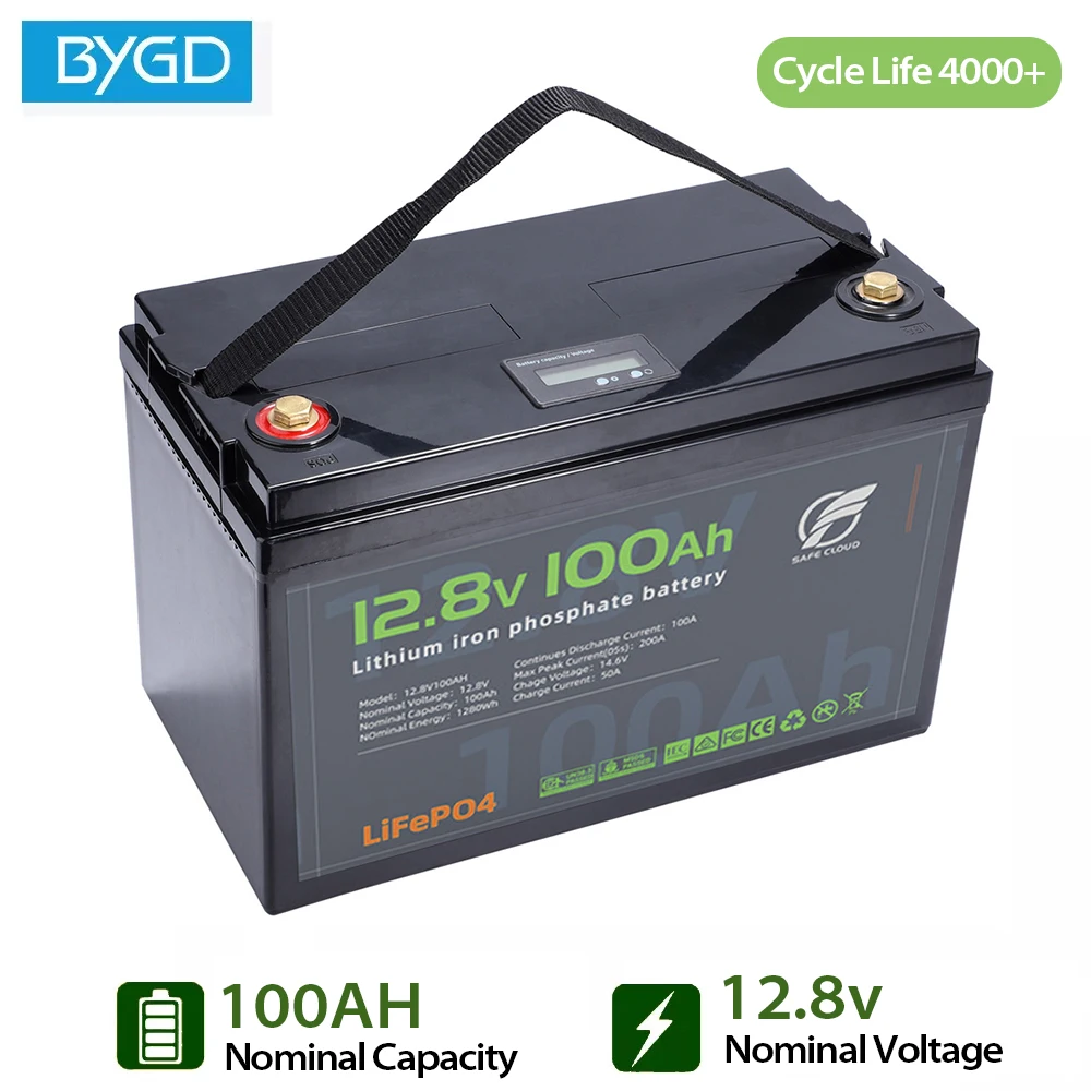  LiFePO4 Lithium Battery Car Battery Charger 12V 100Ah  fully automatic BMS LCD Display for RV Golf Cart  Camping Off-grid Solar 