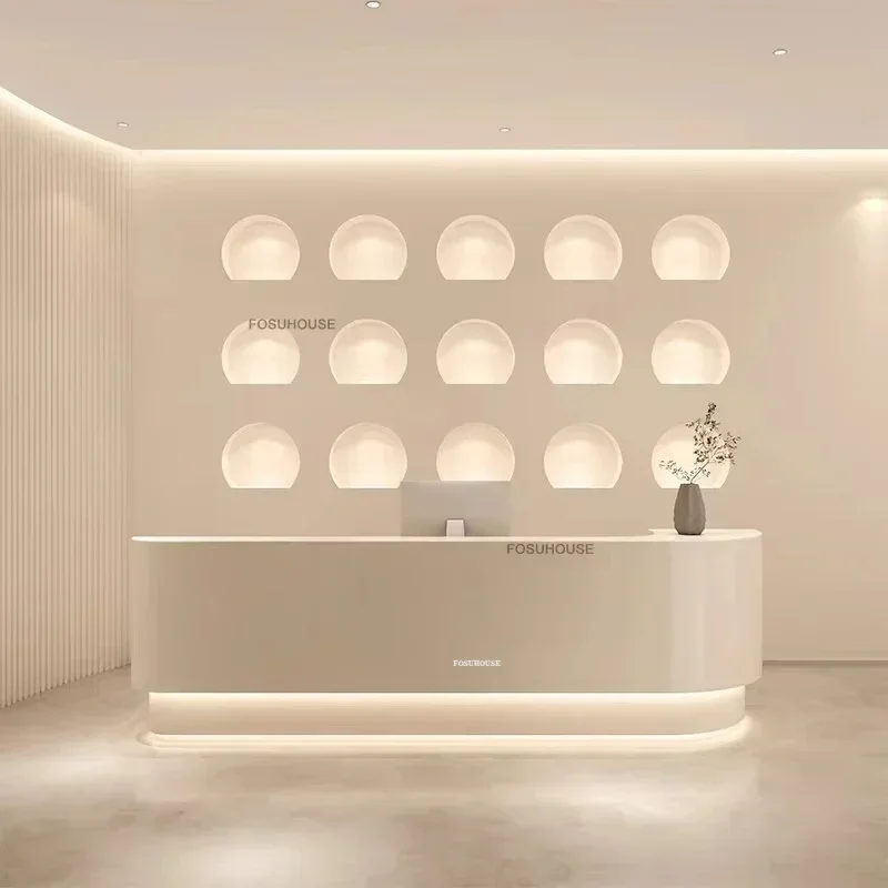 Nordic Curved Paint Reception Desks Company Bar Front Desk Wooden Cashier Modern Office Furniture Beauty Salon Reception Counter
