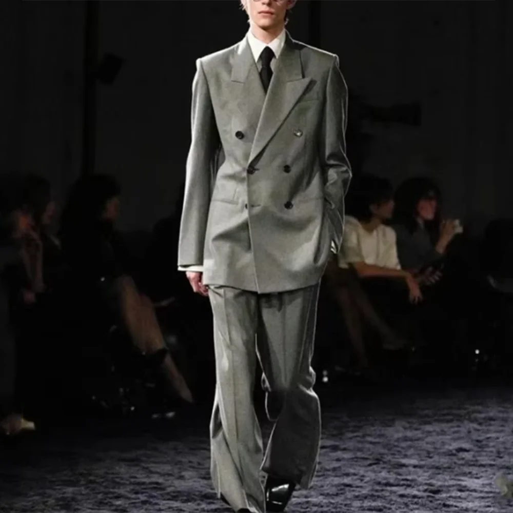 Smart Causal Grey Suit For Men Double Breasted Peak Lapel Loose 2 Piece Jacket Pants Office Daily Prom Terno Masculinos Completo mens suit