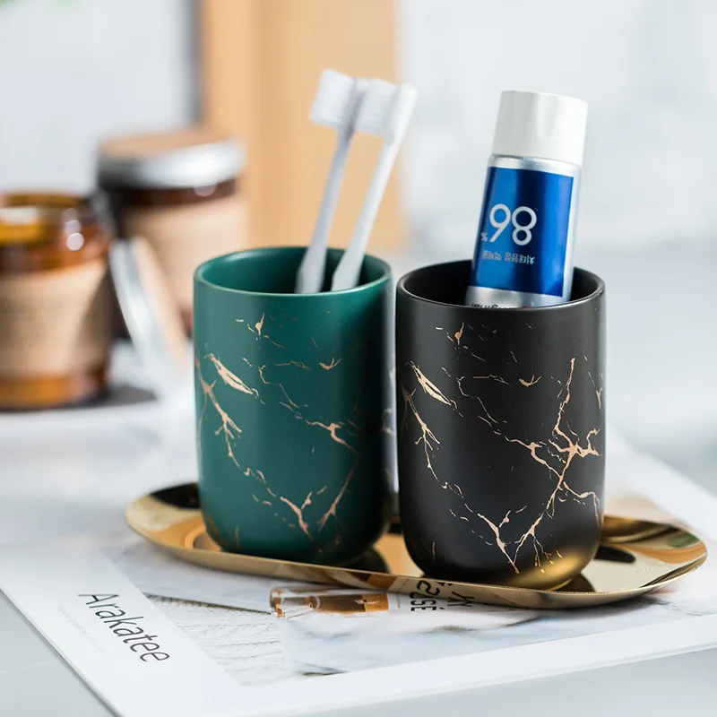 Toothbrush Holder Creative Marbled Gold Plated Mouthwash Cup Couple Toothbrush Holder Bathroom Accessories Ceramic Mouthwash Cup Home Decoration