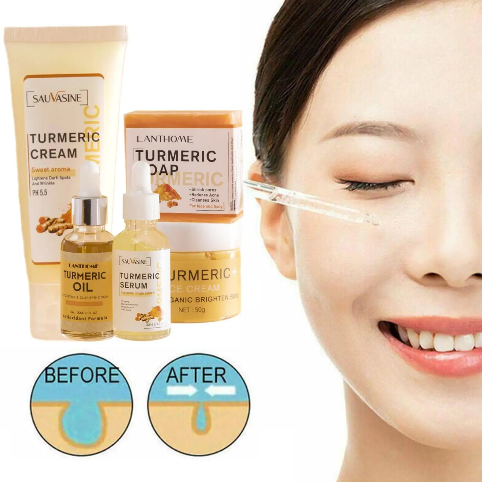 5pcs Face Care Sets Turmeric Facial Acne Cleansing Cream Anti-Aging Serum Dark Skin Moisturizing Spots Turmeric Fade
