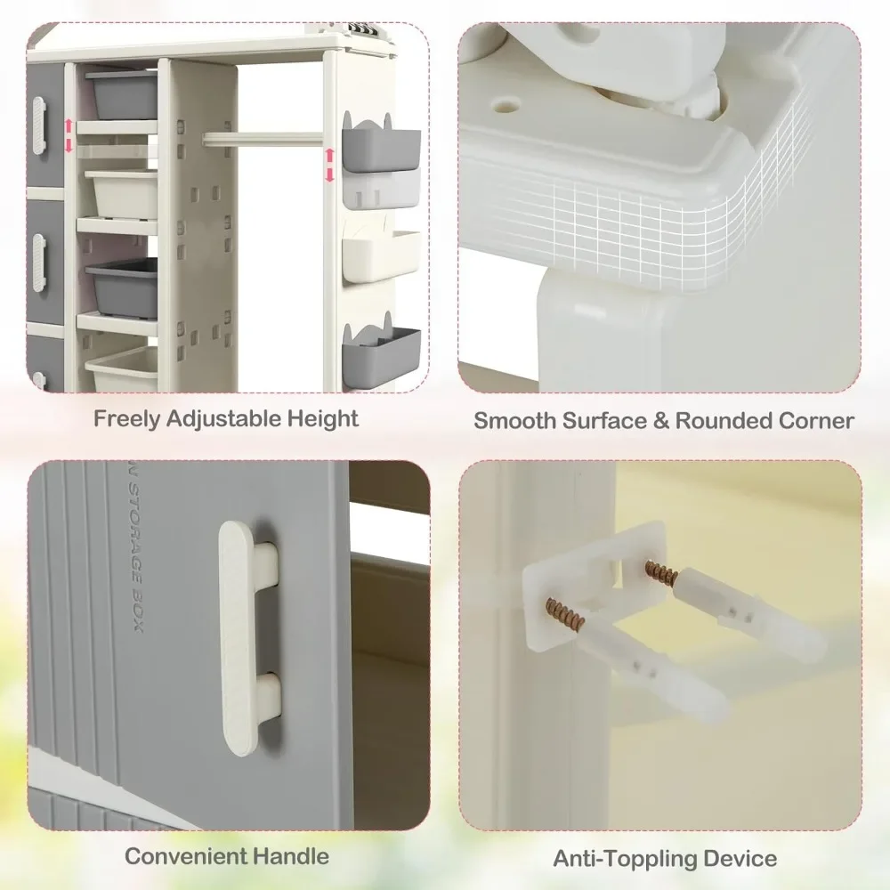 Kids Costume Storage Closet, Children Pretend Dresser Wardrobe, Open Hanging Armoire Closet with Storage Bins, Shelves