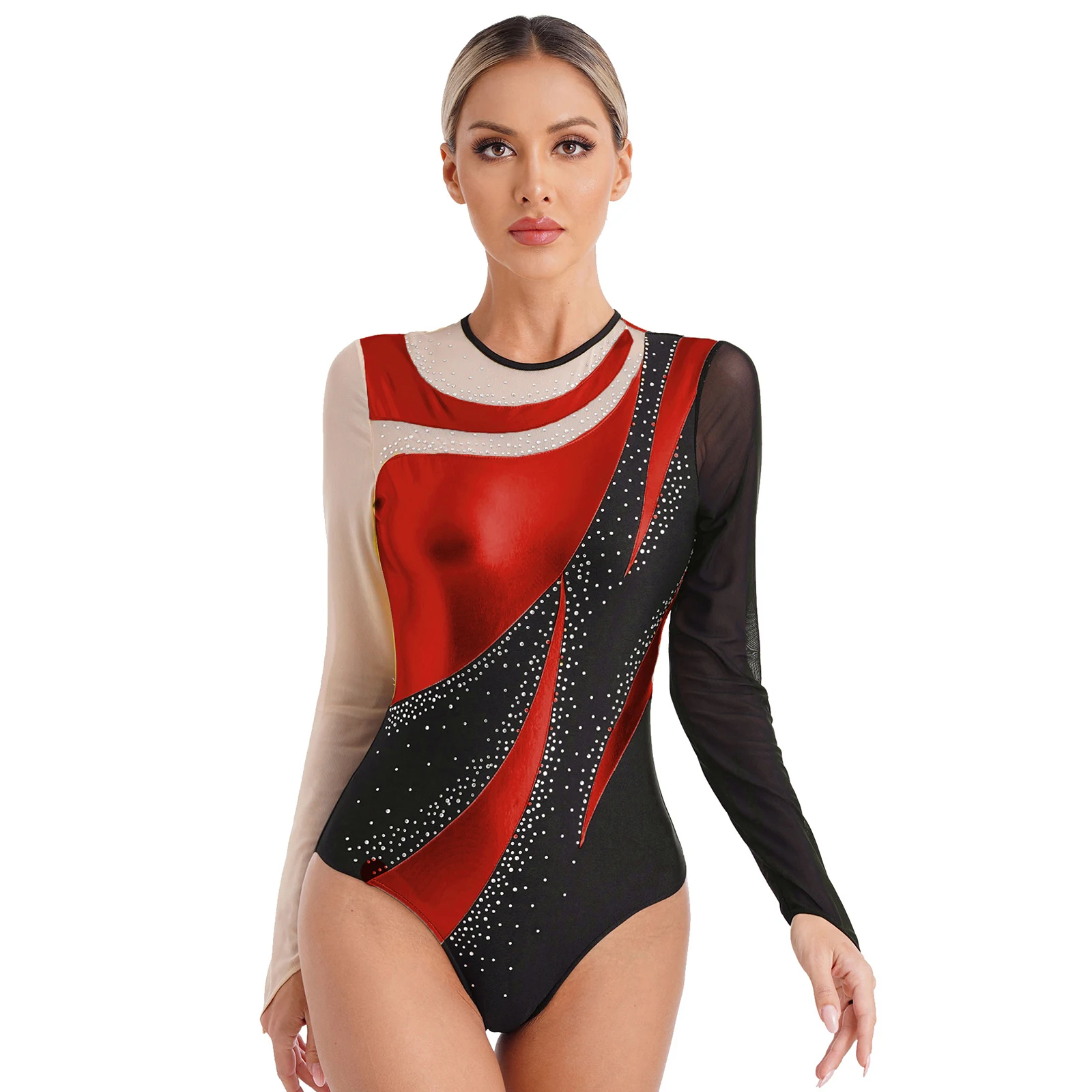 Women's Long Sleeve Rhythmic Gymnastics Leotard Ballet Jumpsuit for Woman Metallic Patchwork Exercise Figure Skating Bodysuit