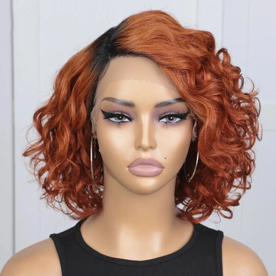 

Debut Bouncy Curly Short Bob Wig Lace Front Human Hair Wigs Indian Highlight Brown Water Wave Lace Human Hair Wig For Women