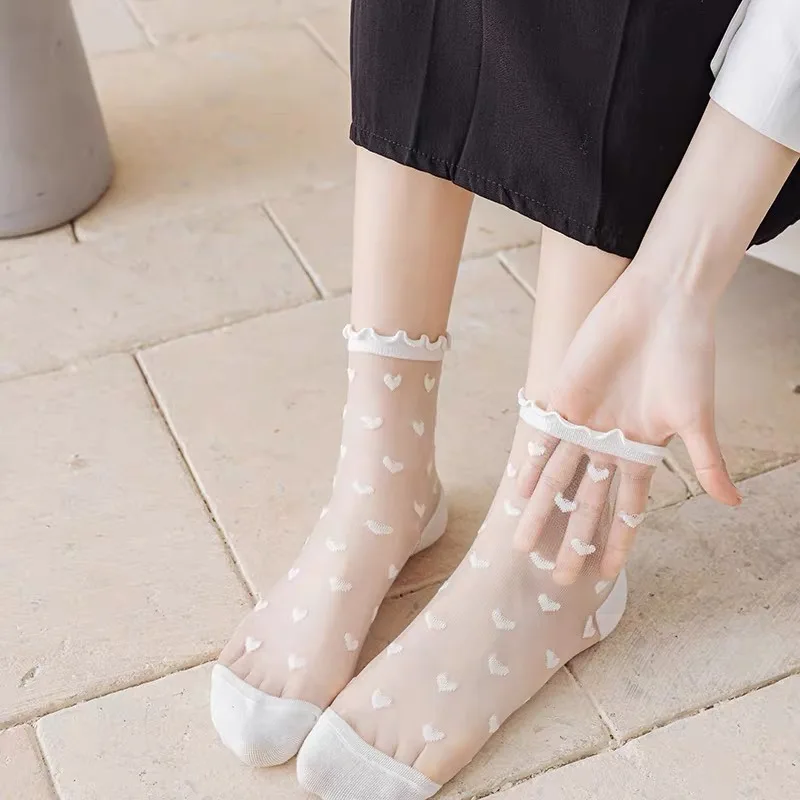 Women Socks French Lace Ruffled Love Heart Pattern Transparent Sheer Mesh Glass Fiber Crystal Silk Mid Tube Stocking