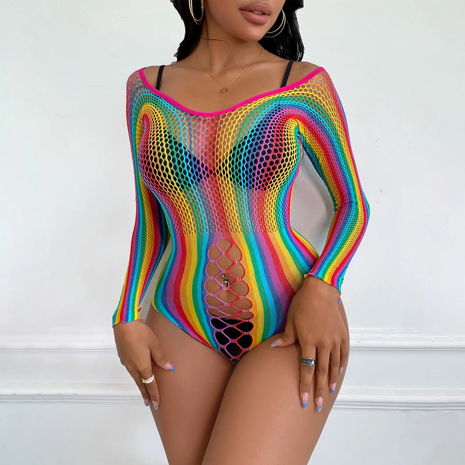 

Women Rave Rainbow Striped Bikini See Through Mesh Bodysuit For Dance Festivals Sparkly Lingerie Sexy Valentines Day Lingerie