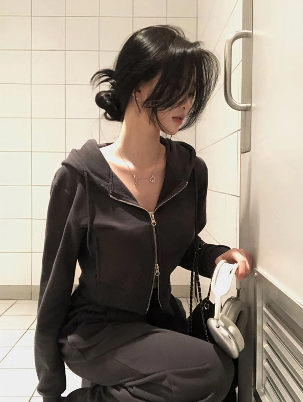 Korean Fashion Streetwear 2-piece Pants Set Women Tracksuit Autumn New Hooded Zip-up Crop Top Long Pants Casual Solid Outfits