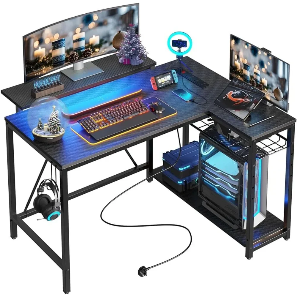 Small Gaming Desk with Power Outlets,42 L Shaped LED Computer Desks Monitor Stand Reversible Storage ,Carbon Fiber Black qw16 multifunctional smart sleeping heart rate blood pressure monitor wristband black