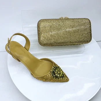 Insightlink Gemme color oro Sandali e borse con tacco alto Set Borsa da donna con cristalli a spillo per feste da ballo di marca 1