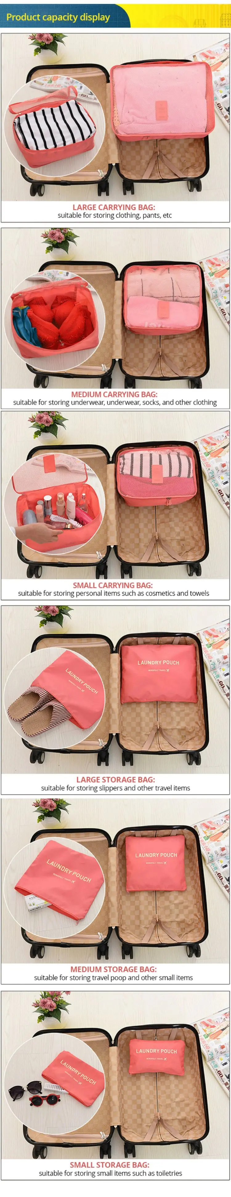 6 Teile/satz Rosa/Blau/Grau Reise Lagerung Tasche Große Kapazität Wasserdichte Gepäck Kleidung Unterwäsche Lagerung Tasche Tasche mit Reißverschluss – Detail 3