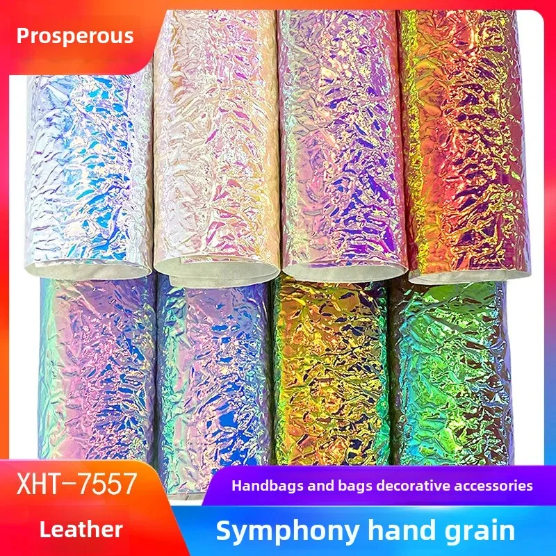 Decorative PU Leather Fabric Laser Hand Print Artificial Cosmetic Bag Fabric Rainbow Pressed Leather Handbag Material