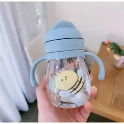 Cute Cartoon Kids Sports Water Bottle - 350 mL Portable Straw Drinkware (Blue)