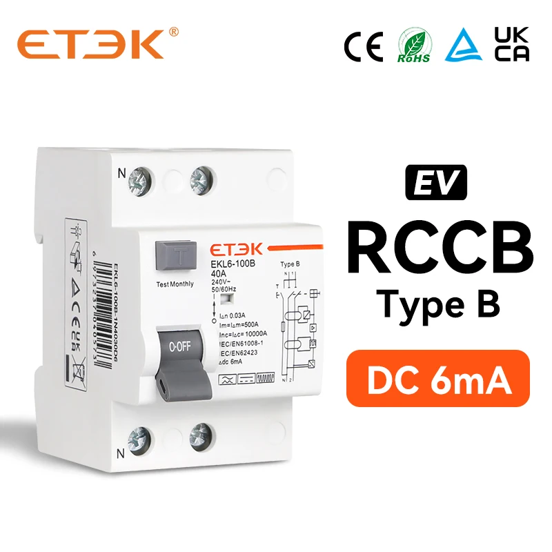 

ETEK RCD DC Earth Leakage Circuit Breakers RCCB 10KA 1P+N 2P 4P 2Poles 4Poles 40A 63A 30mA Type B 6mA EV EVSE 220V EKL6-100B