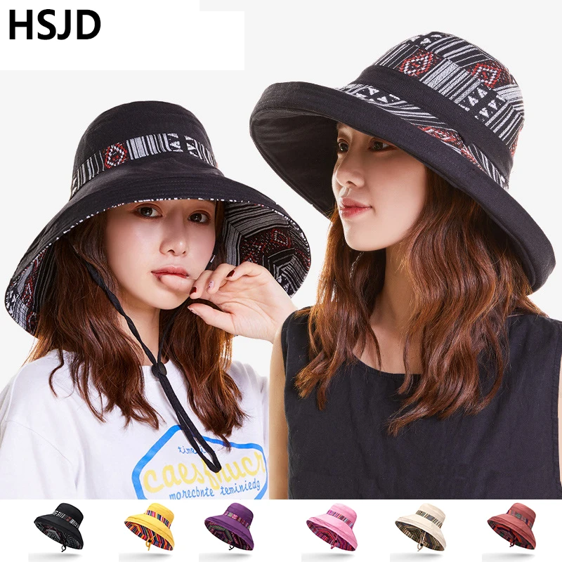 

Панама женская Пляжная с широкими полями, двухсторонняя Складная Панама из хлопка и льна, в богемном стиле, с защитой от ультрафиолета, летняя