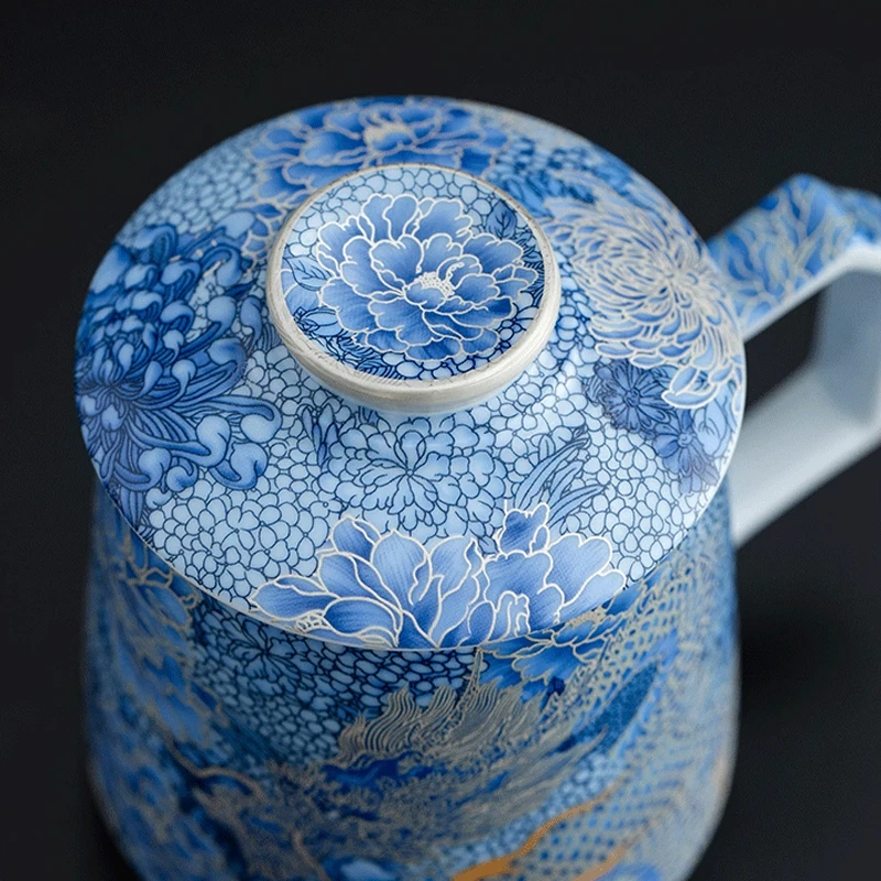 Chinese Style Ceramic Blue Flower Silver Dragon Pattern Mug, Creative Teacup With Cover Filtered Tea Water Separation 350ml, 1Pc