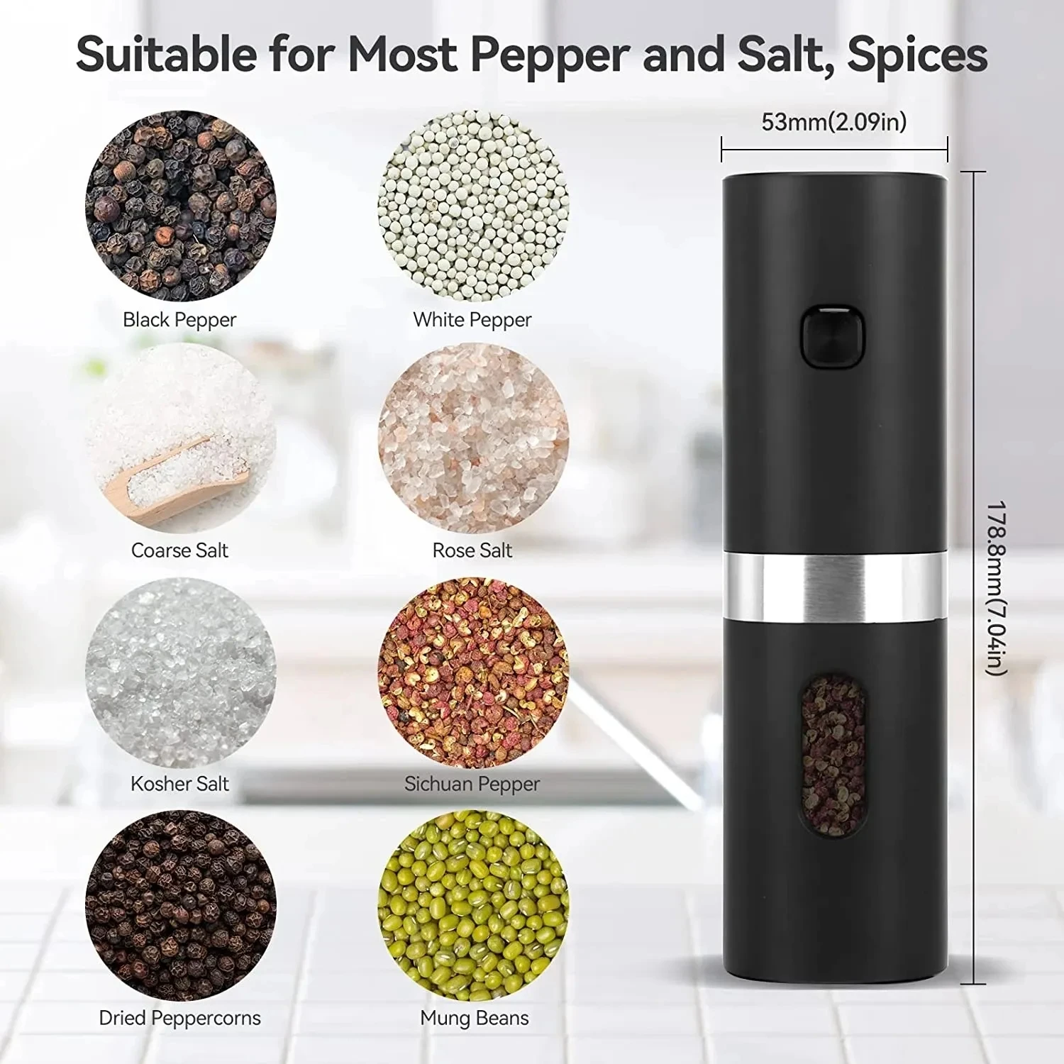 Electric Salt and Pepper Grinder Set, 2 Mills, Rechargeable, with Charging Base, Power Adapter, Size: Large, Silver