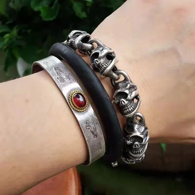 Retro Silver Color Skeleton Bracelet Men's Hip Hop Gothic Open Bracelet Cocktail Party Jewelry Accessories Gift