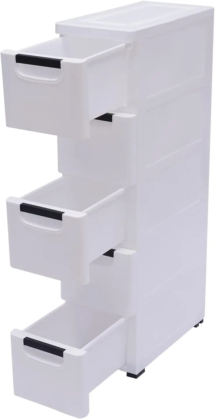 5 Drawer Narrow Slim Plastic Storage Cabinet Storage Drawer with 4 Wheels 5 Tier Drawers Dresser White Fabric Organizer Wardrobe 5