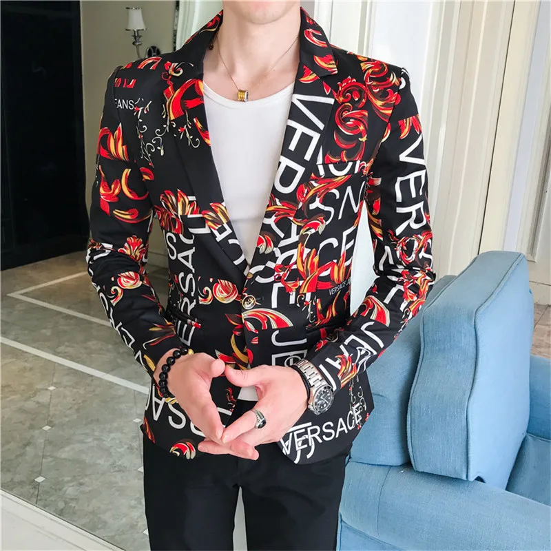 Spring and Autumn Men Suit New Product Fashion Trendy Men's Letter Printed Small Suit Floral Men's Casual Clothing