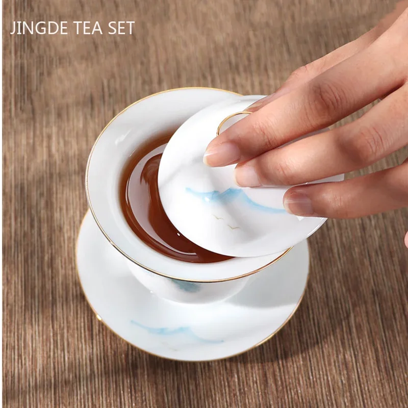 High Quality White Porcelain Gaiwan Portable Ceramic Tea Set Chinese Hand Painted Tea Bowl Tea Ceremony Accessories 170ml