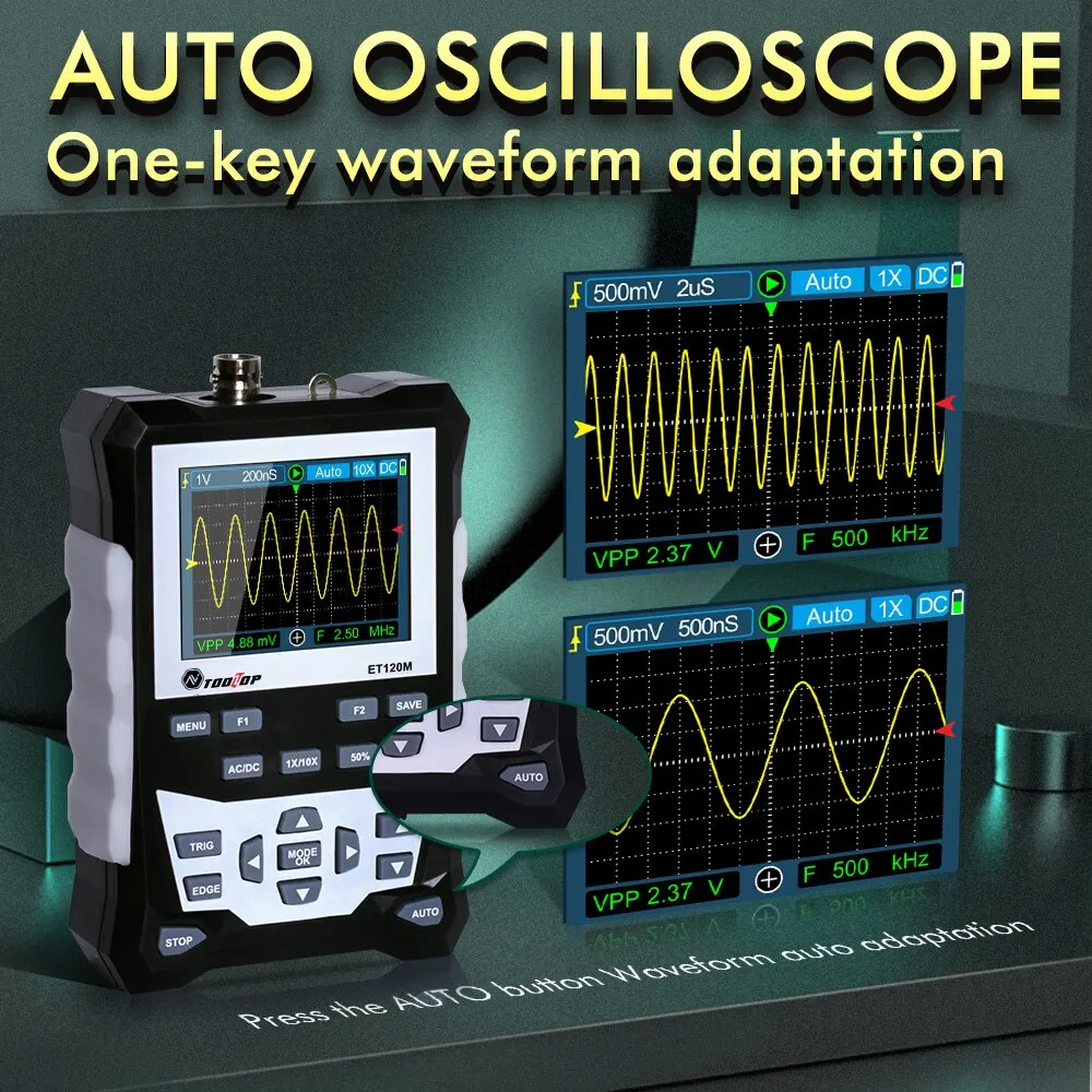 Digital oscilloscope TOOLTOP ET120M 120MHz handheld digital oscilloscope 1Mhz square wave signal output auto oscilloscope for electrical car repair