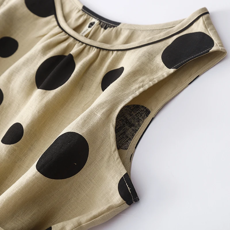 2025 Summer Dress Korean Fashion New Arts Style Women Sleeveless Polka Dot Print All-Matched Casual Cotton Linen Tank Dresses