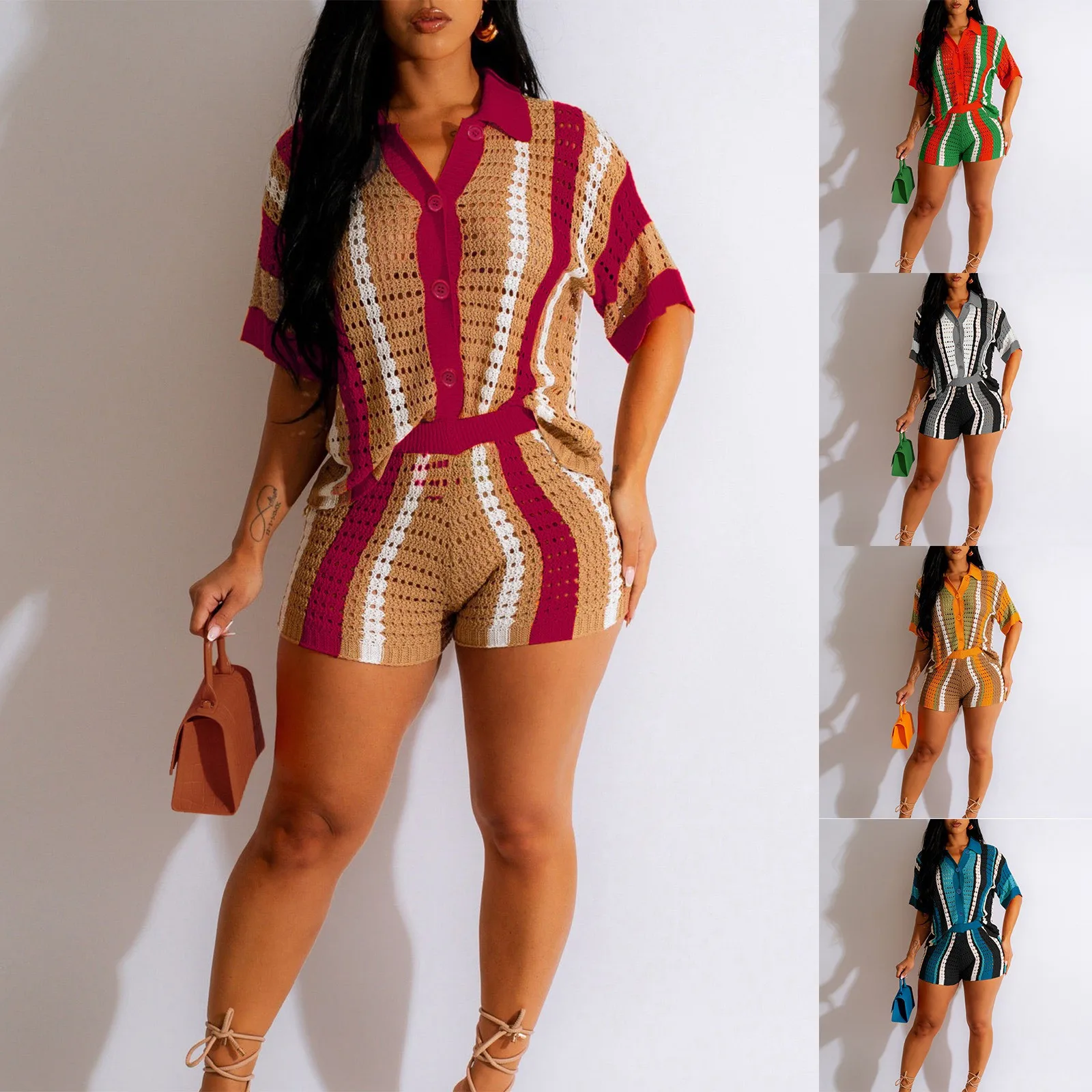 Women Summer Beach Vacation Two 2 Piece Outfits Crochet Sets Causal Knit Short Sleeve Button Down Shirt And Shorts Matching Set 5