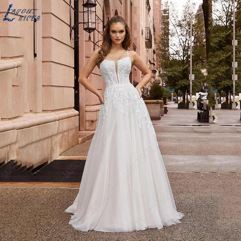 

LAYOUT NICEB Wedding Dresses For Woman Elegant A Line Lace Bride Civil Appliques Bridal Gown Open Back Vestidos De Boda 2023