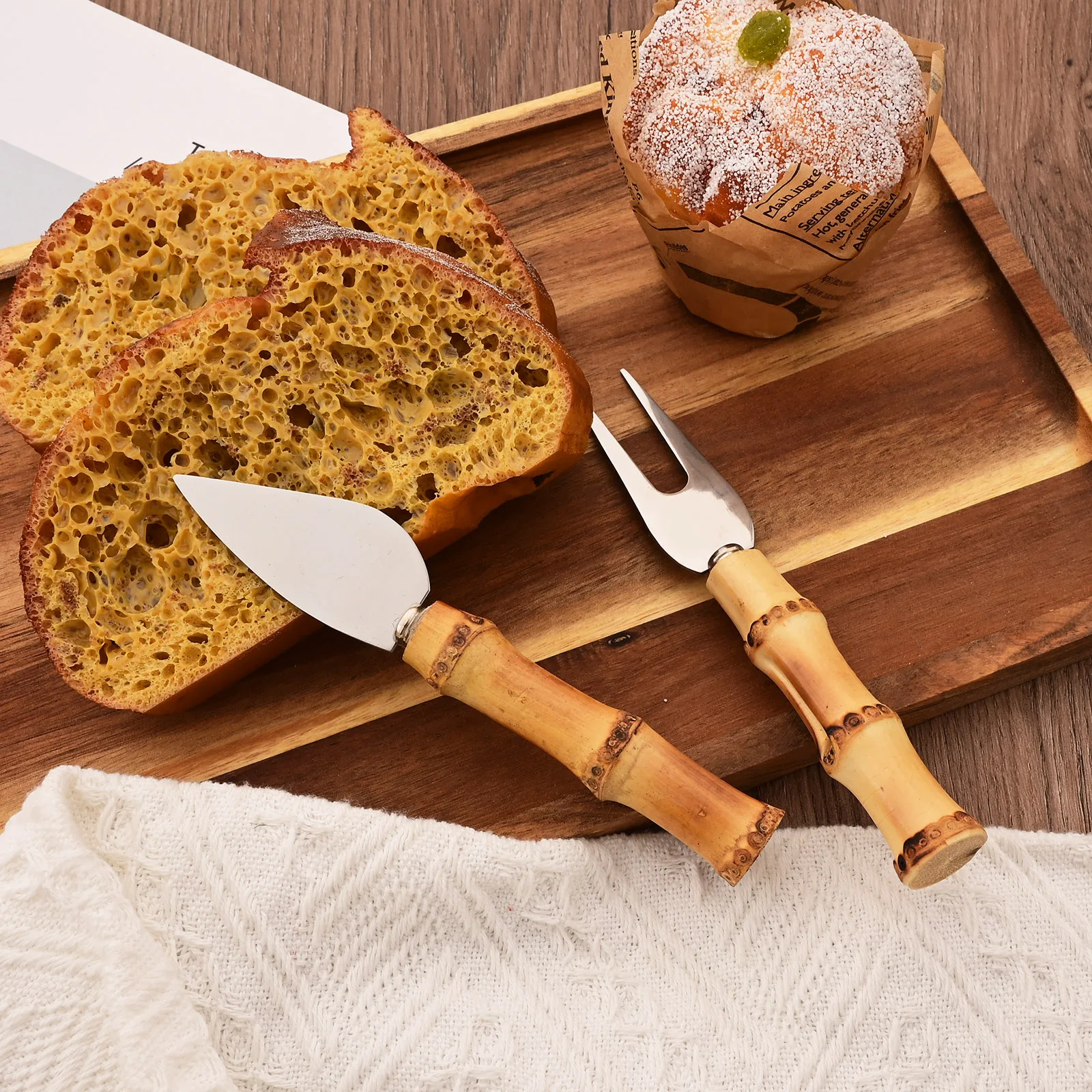 6Pcs Dinnerware Set Silver Natural Bamboo Handle Cheese Knife Stainless Steel Cutter Set Kitchen Accessories cheese knife