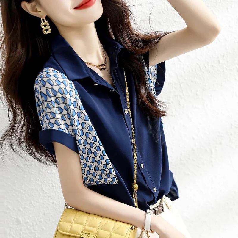 Elegant Lapel Button Spliced Printed Chiffon Shirts Female Clothing 2024 Summer New Loose All-match Tops Office Lady Blouses