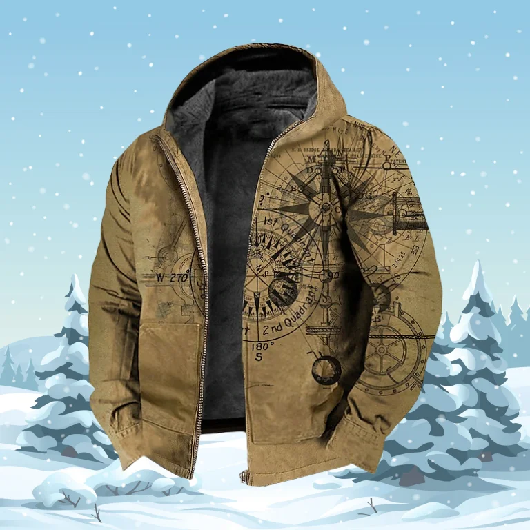 

Winter Men's Zip-up Hoodies Long Sleeve Fleece Parka Coat Compass Tribal Graphics Sweatshirts Outerwear Jackets Street Overcoat