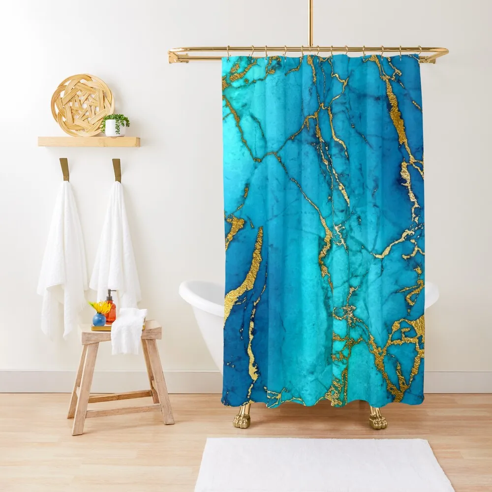 

Teal Blue Faux Marble and Gold Glitter Veins Shower Curtain Cute Shower Anime Bathroom Curtain