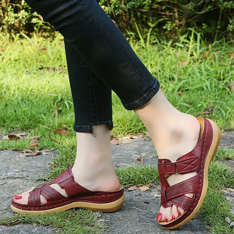 Summer Women Wedge Sandals Premium Orthopedic Open Toe Slippers Vintage Anti-Slip Leather Casual Female Platform Retro Shoes — view 4